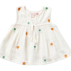 Pink Chicken Sleeveless Jade Top with Sun and Palm Tree Embroidery